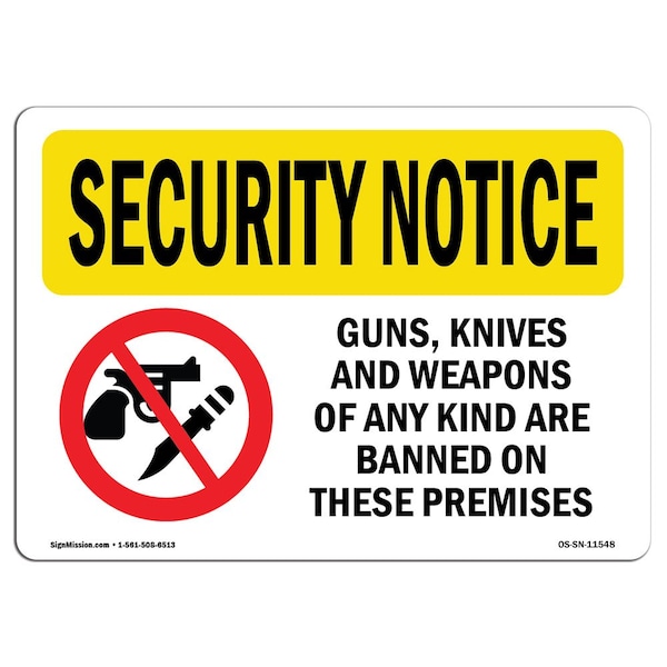 OSHA Security Sign, 3.5" Height, 5" Wide, Guns Knives Weapons Banned Premises, Landscape, 10PK